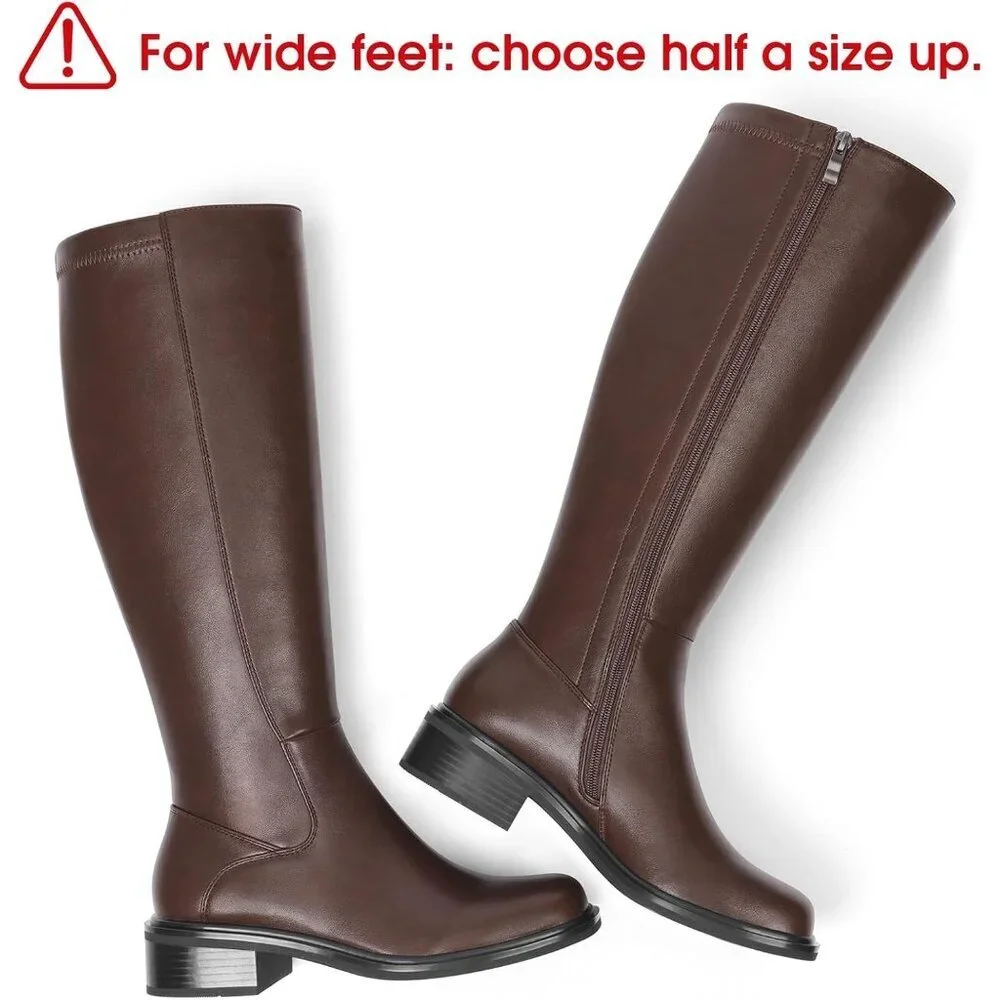Women's Brown Low Heel Square Toe Tall Knee High Side Zipper Boots Faux Leather